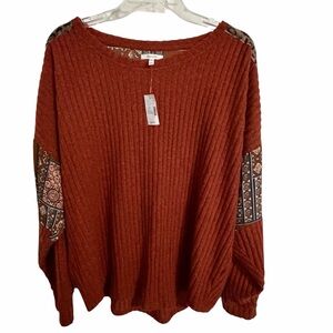 Maurices Rust Ribbed Knit Pullover Top with muced print - XXL